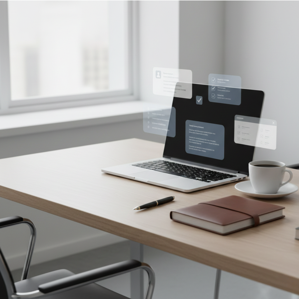 Arbeitsplatz mit Laptop und Unterlagen zur Planung von Automatisierungen und KI-Workflows im Unternehmen. KI-Kompetenz im Unternehmen